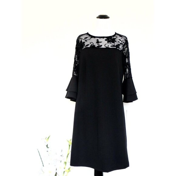 NEW! Leslie Fay Velvet Floral Lace Shift Dress Tiered Ruffle Sleeves Black SZ 12 - Picture 3 of 9